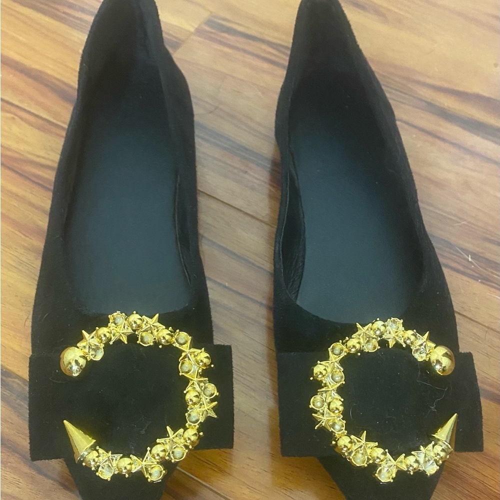 Suede Black Flats with Gold Embellishments